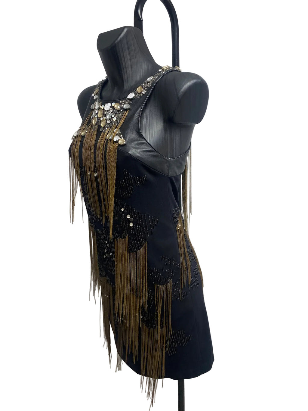 Roberto Cavalli Black Beaded Fringe Dress with Leather & Crystal Neckline