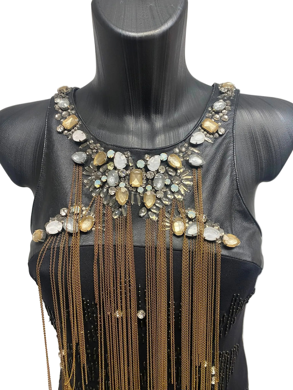 Roberto Cavalli Black Beaded Fringe Dress with Leather & Crystal Neckline