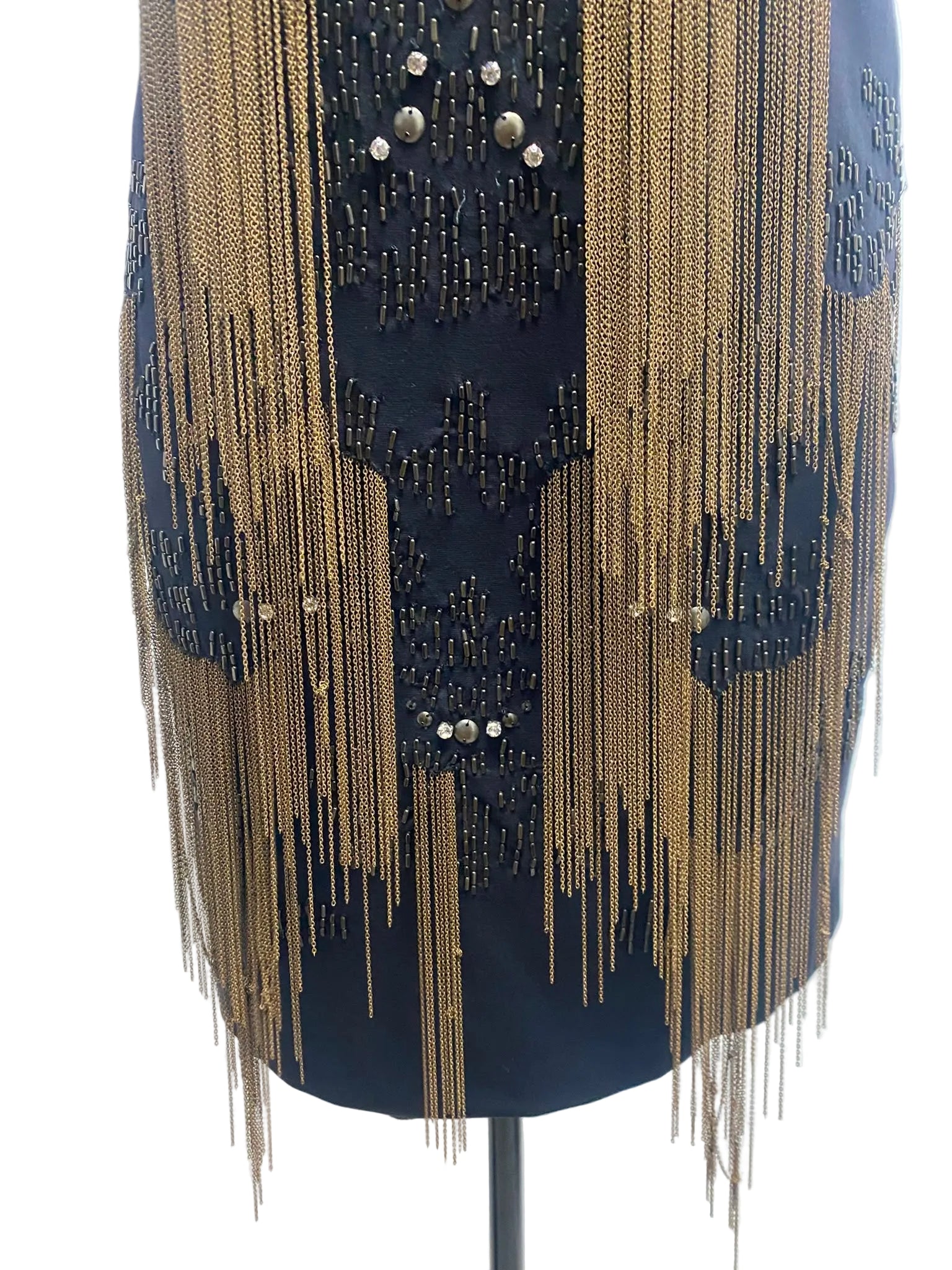 Roberto Cavalli Black Beaded Fringe Dress with Leather & Crystal Neckline