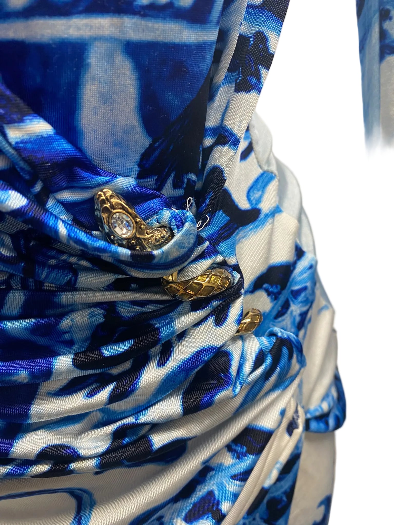 2005 Roberto Cavalli "Ming Vase" Blue Printed Ruched Mini Dress – Made in Italy