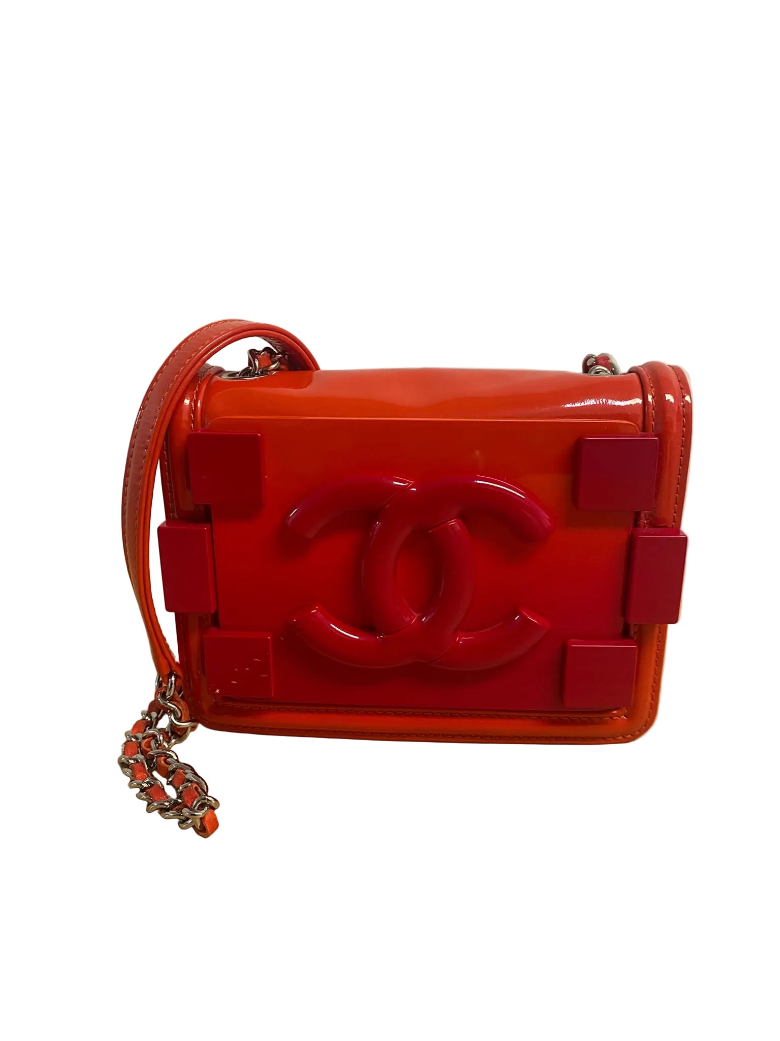 Chanel Red Quilted Patent Leather & Plexi Boy Lego Brick Flap Bag