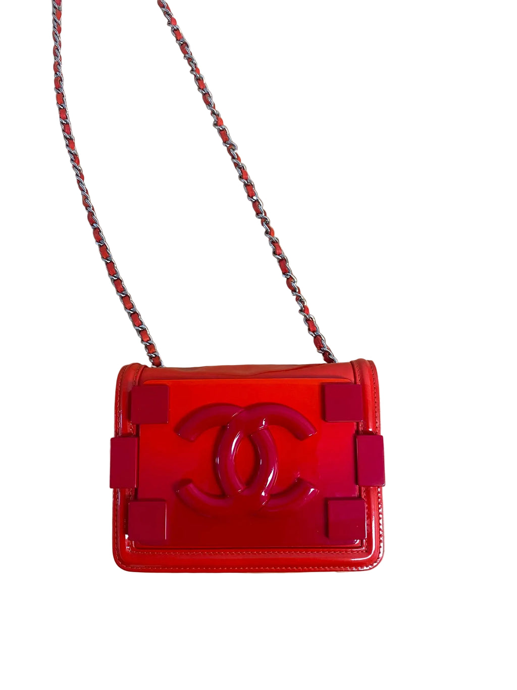 Chanel Red Quilted Patent Leather & Plexi Boy Lego Brick Flap Bag