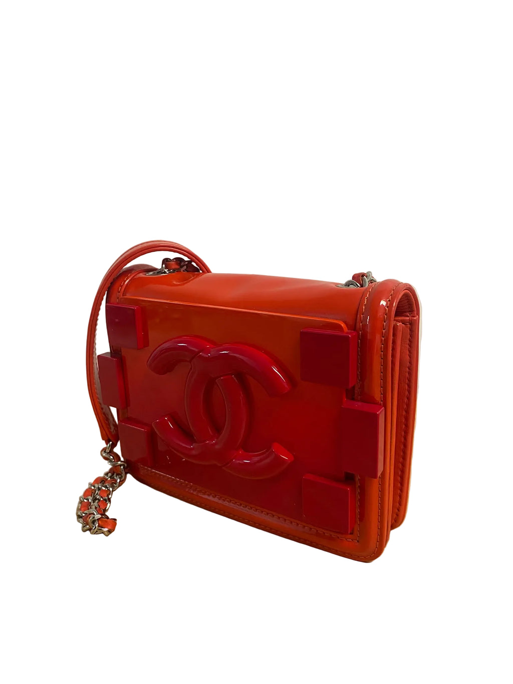Chanel Red Quilted Patent Leather & Plexi Boy Lego Brick Flap Bag