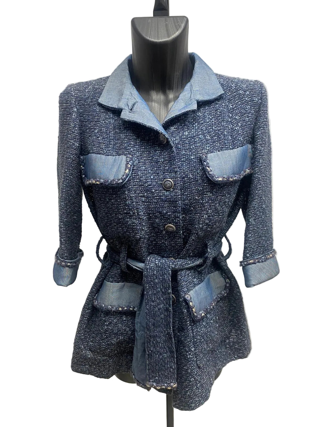 SS12 Chanel Vintage Blue Tweed and Denim Belted Jacket - Size 36