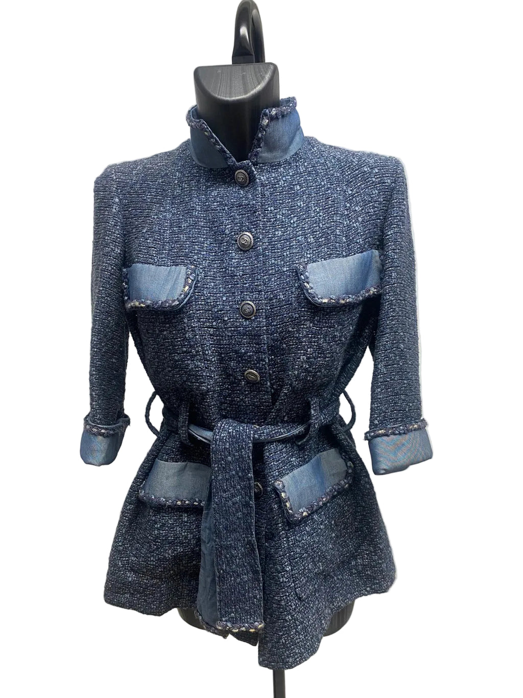 SS12 Chanel Vintage Blue Tweed and Denim Belted Jacket - Size 36