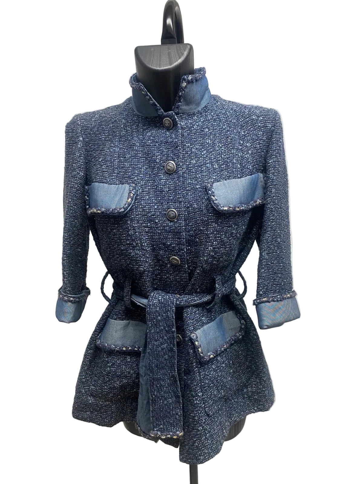 SS12 Chanel Vintage Blue Tweed and Denim Belted Jacket - Size 36