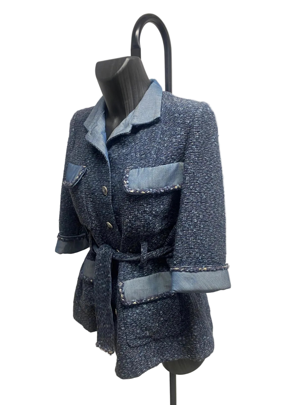 SS12 Chanel Vintage Blue Tweed and Denim Belted Jacket - Size 36