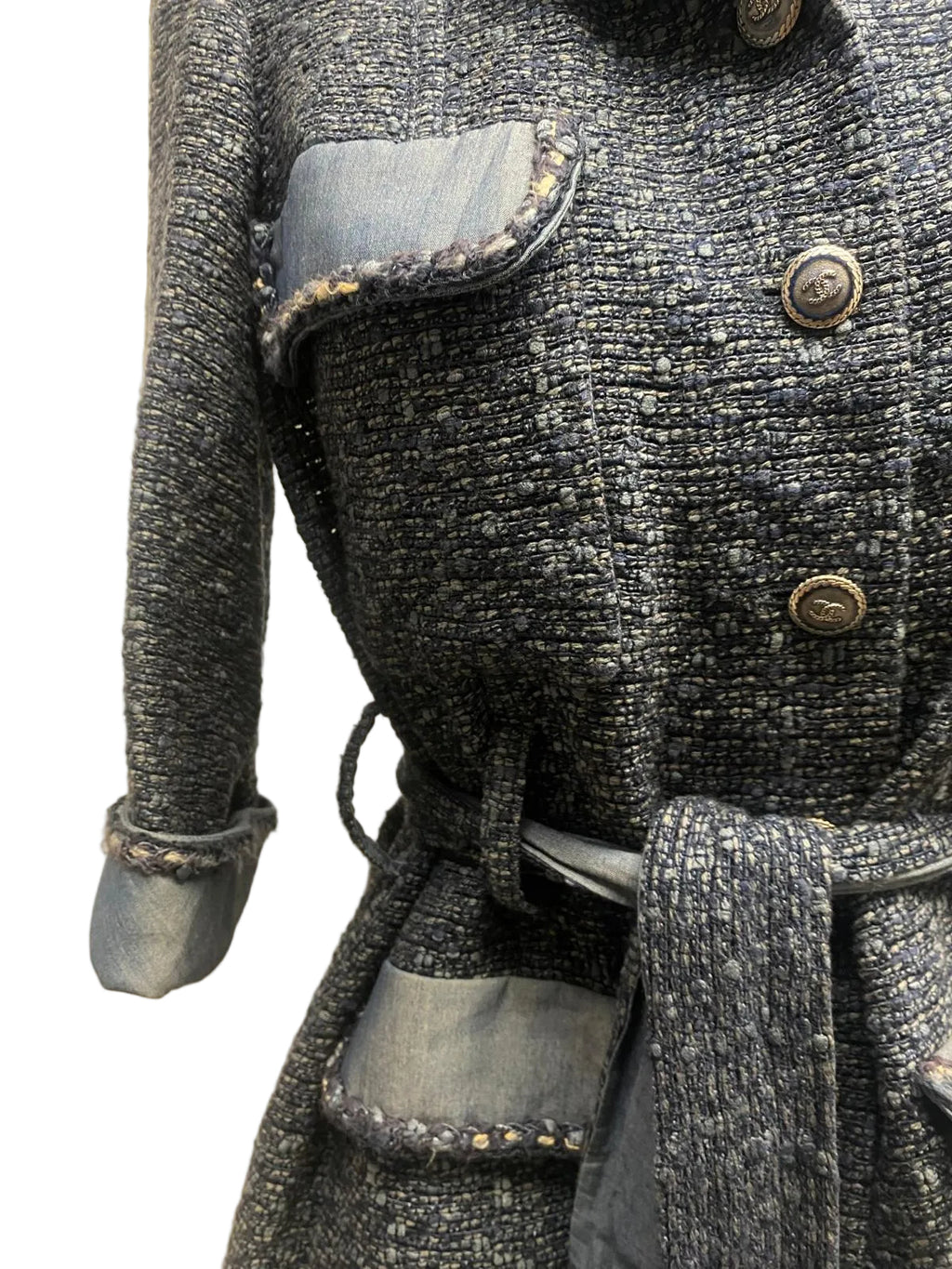 SS12 Chanel Vintage Blue Tweed and Denim Belted Jacket - Size 36