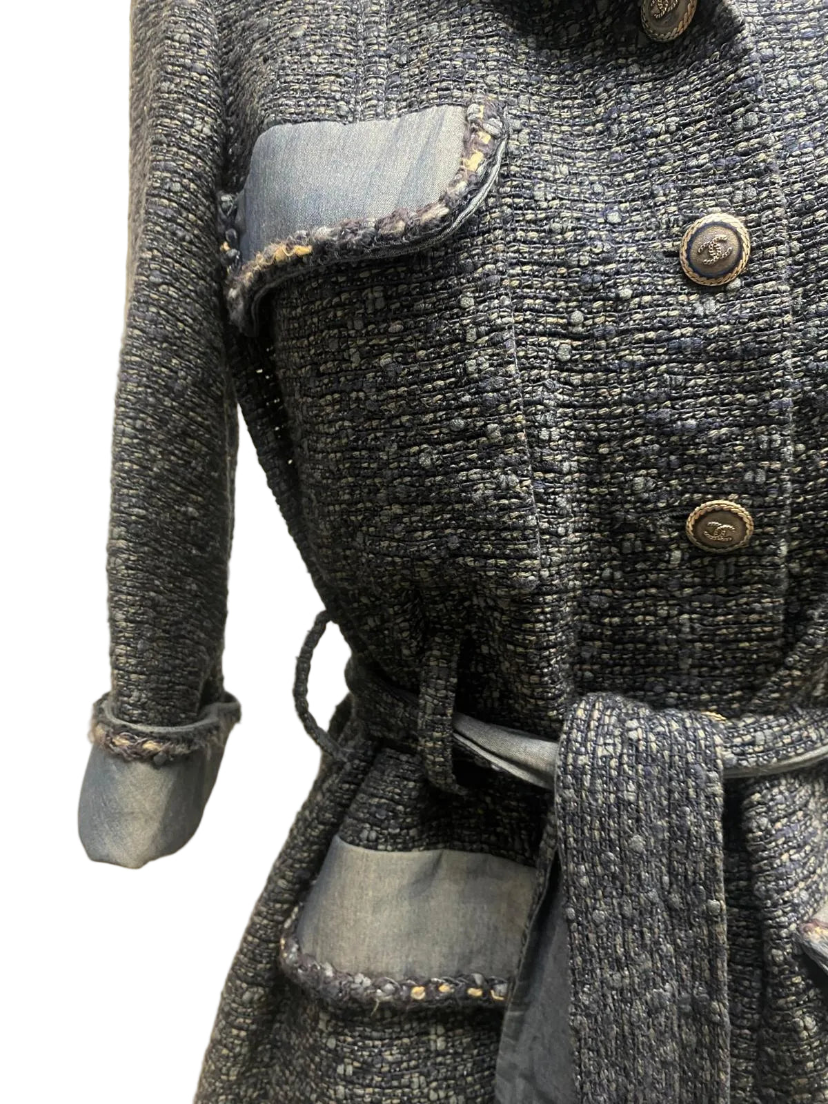 SS12 Chanel Vintage Blue Tweed and Denim Belted Jacket - Size 36