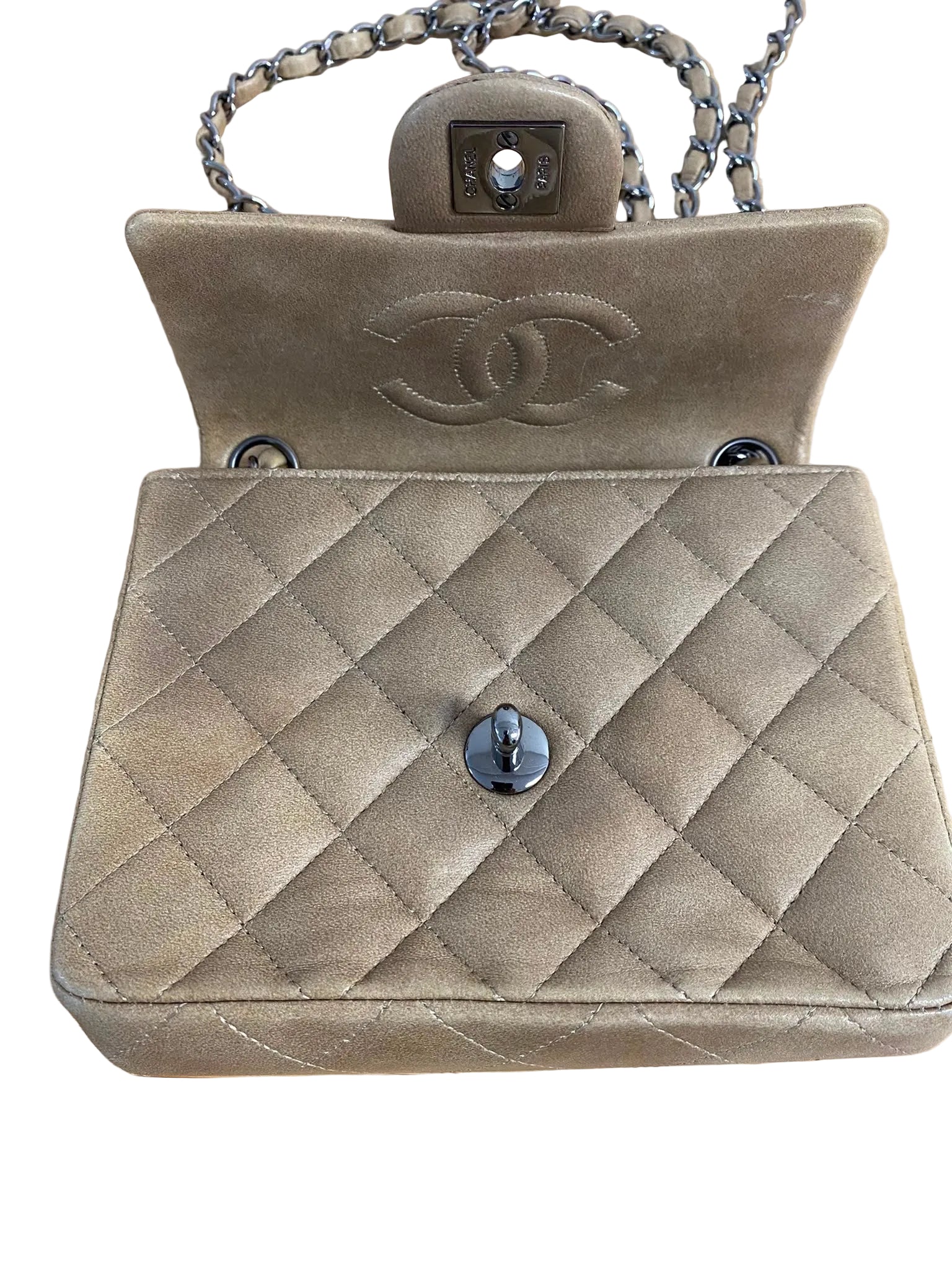 2003 Chanel Quilted Flap Bag in Beige Aged Calfskin & Ruthenium Hardware