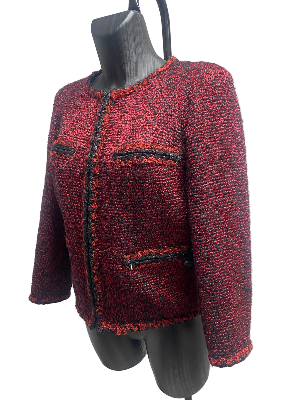 Chanel Red & Black Lesage Tweed Zip Jacket – Size 38