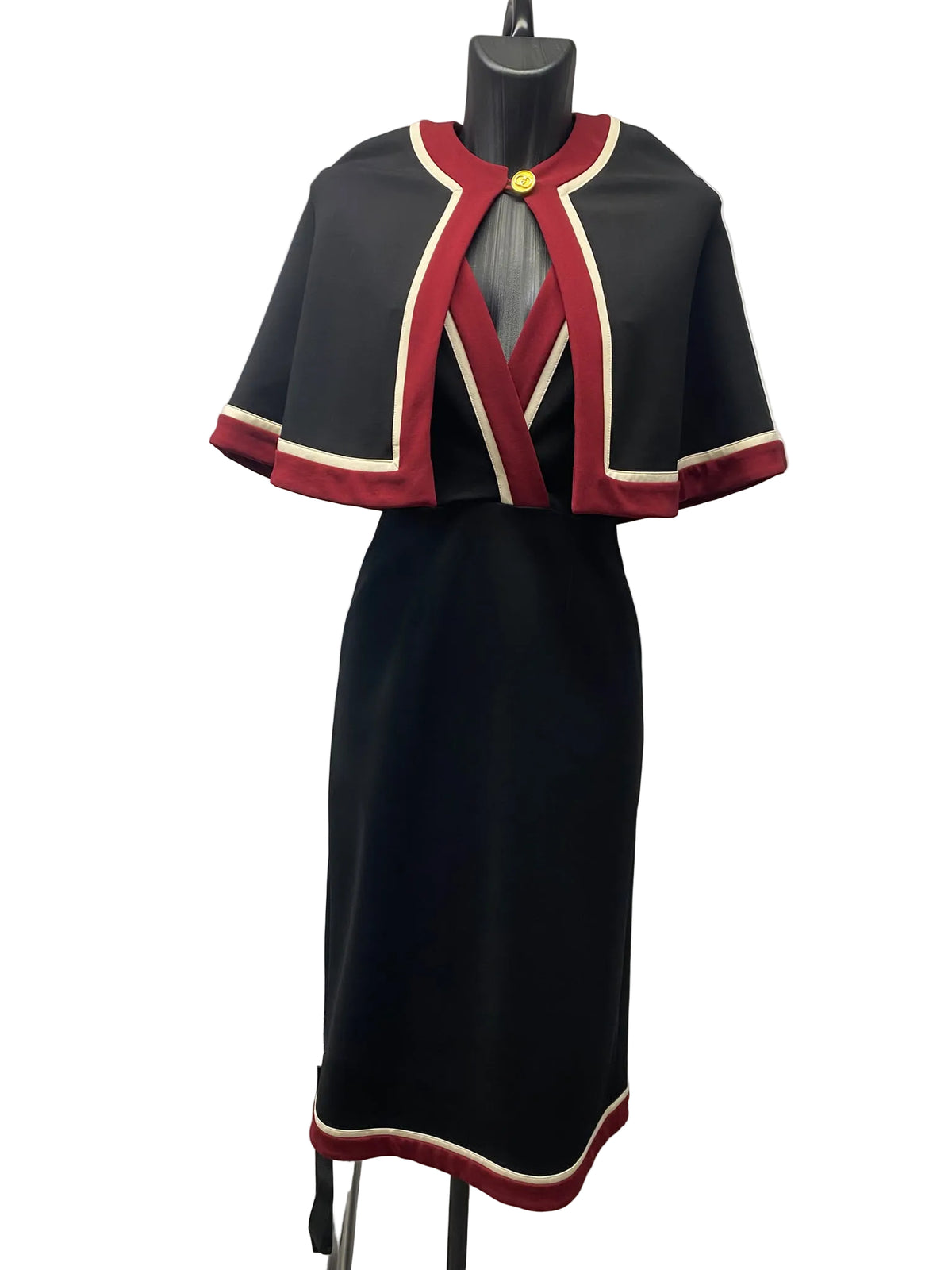 Gucci Black Marmont Cape-Overlay Midi Dress with Contrast Trim – Size M  Description: