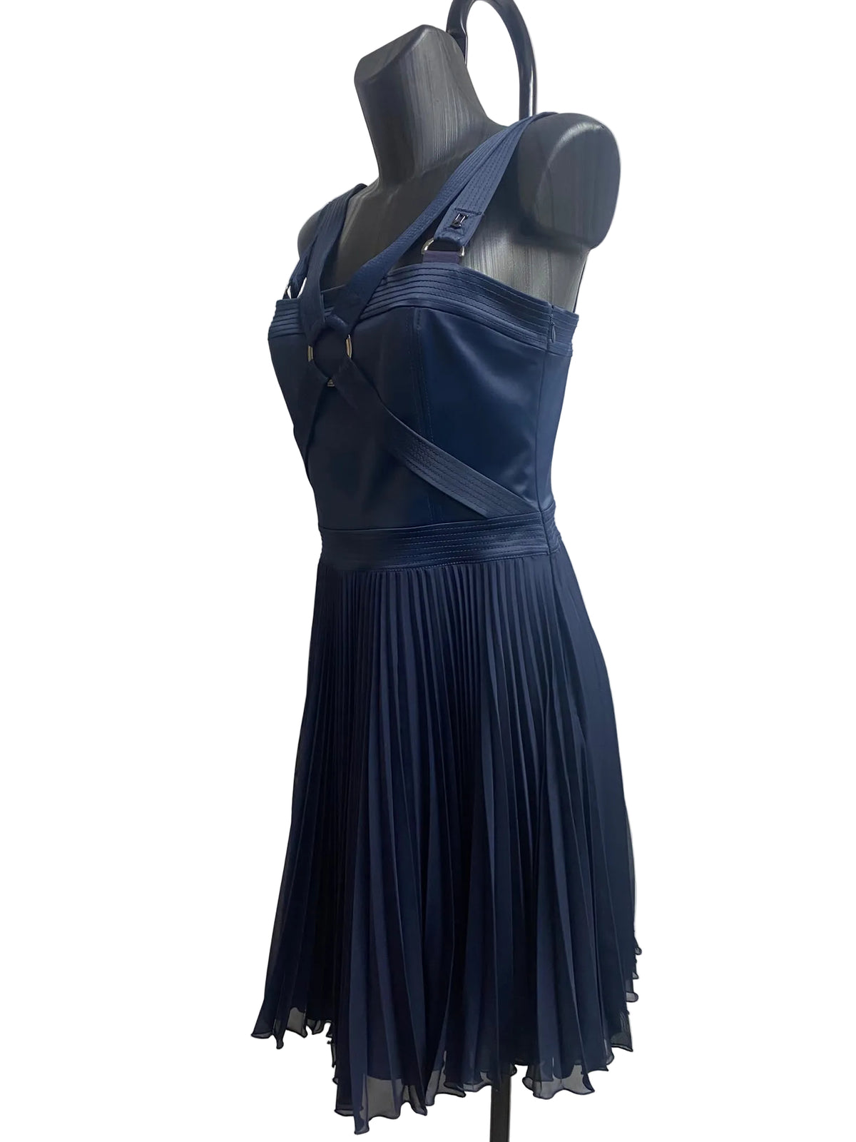 Galliano Navy Blue Pleated Cocktail Dress with Ring Detail (IT 44 / NWT)