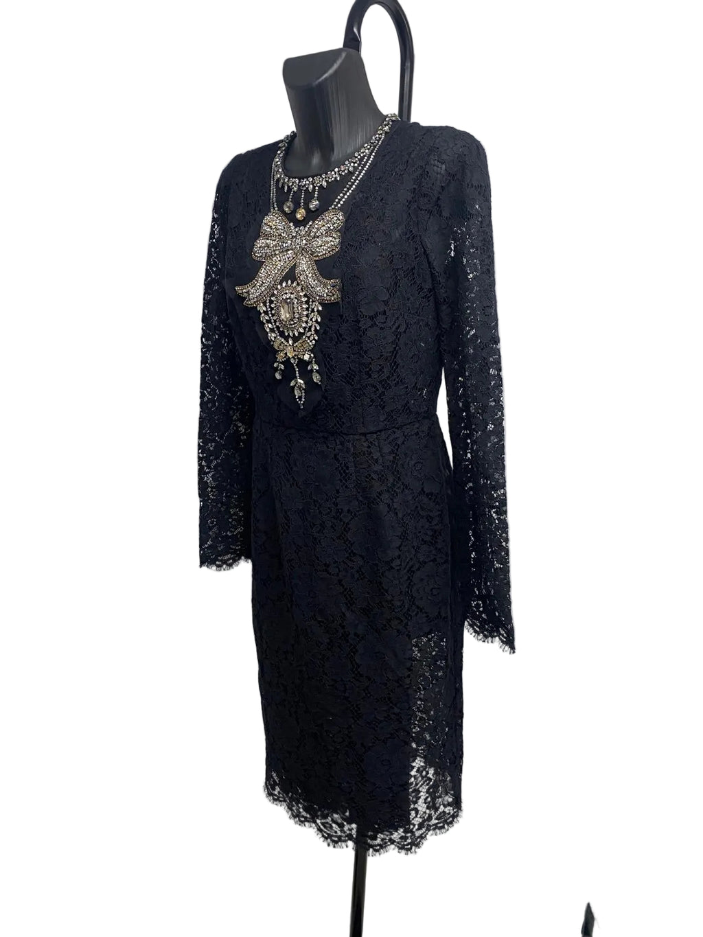 FW12 Dolce & Gabbana Black Lace Midi Dress with Crystal Bow Embroidery – Size 46