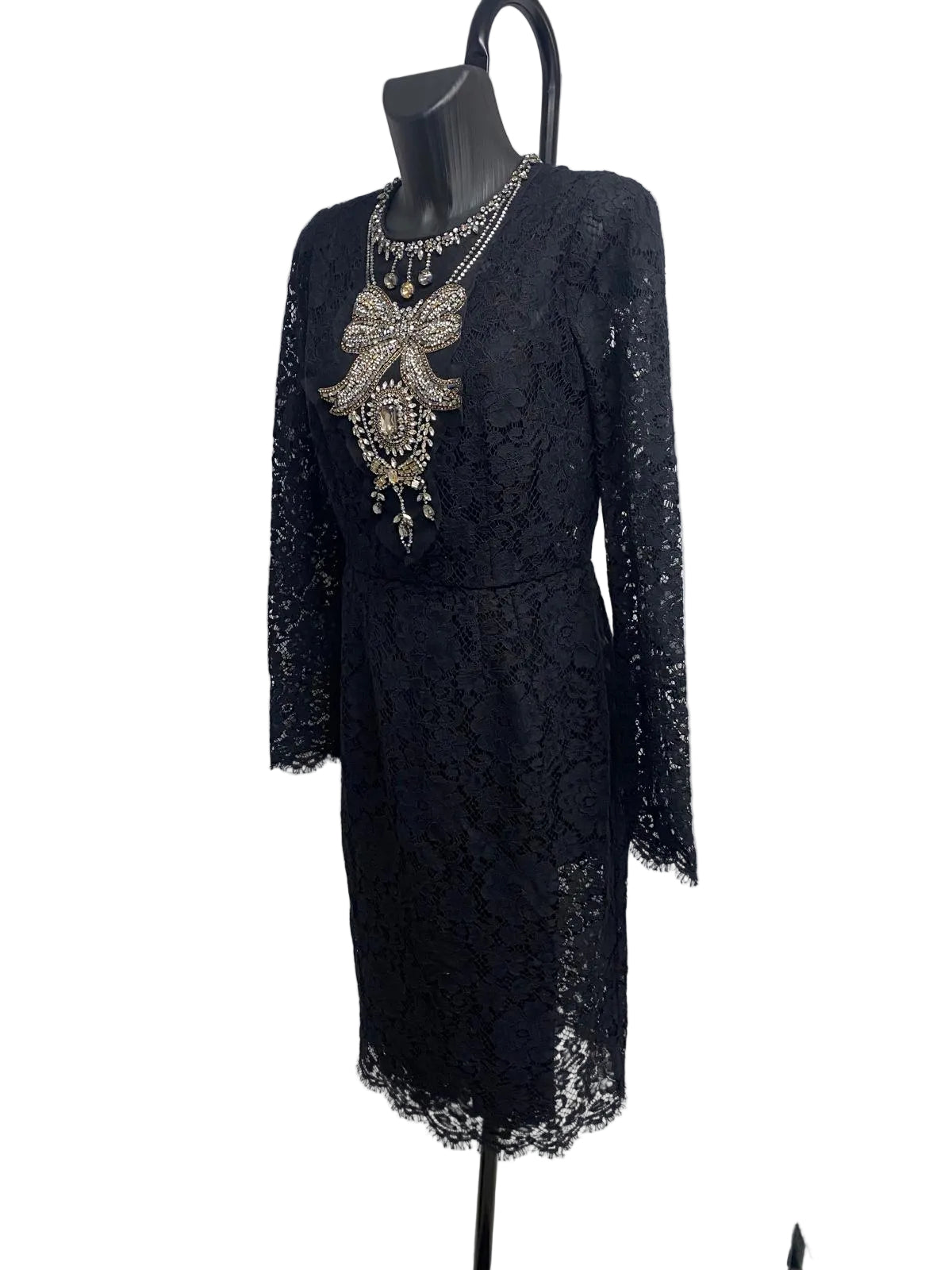FW12 Dolce & Gabbana Black Lace Midi Dress with Crystal Bow Embroidery – Size 46
