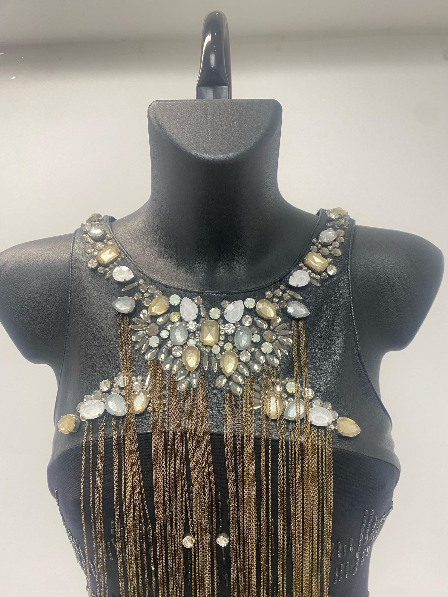 Roberto Cavalli Bi-Material Dress with Stones and Metallic Fringes