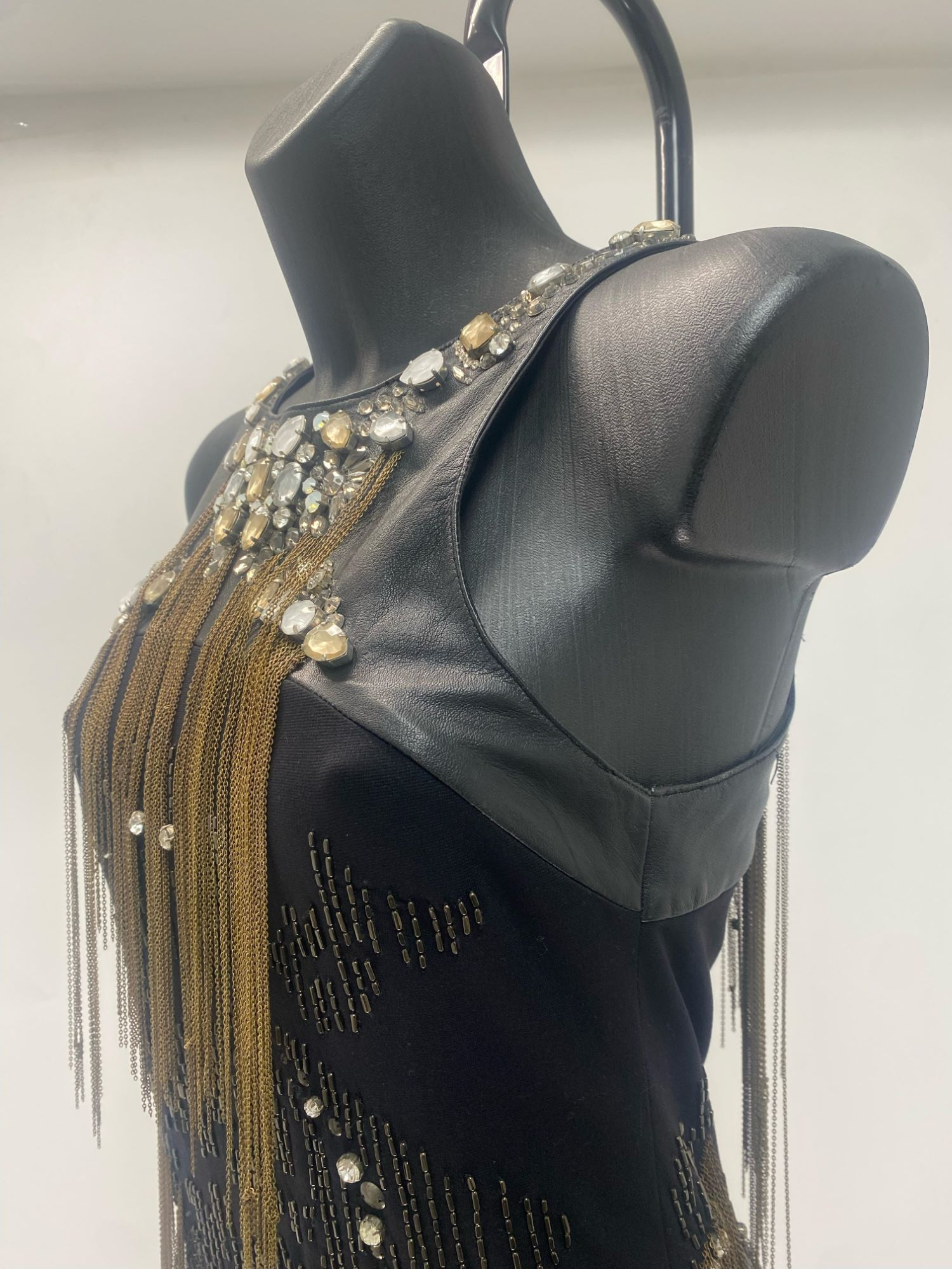 Roberto Cavalli Bi-Material Dress with Stones and Metallic Fringes