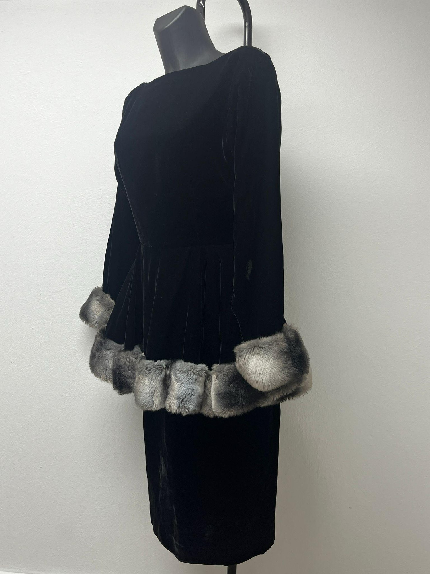 Christian Dior Black Velvet Dress with Fur (1983 Marc Bohan)