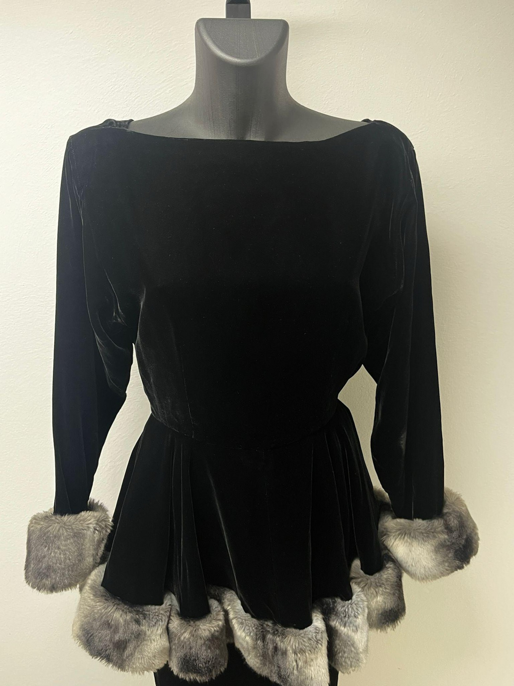 Christian Dior Black Velvet Dress with Fur (1983 Marc Bohan)