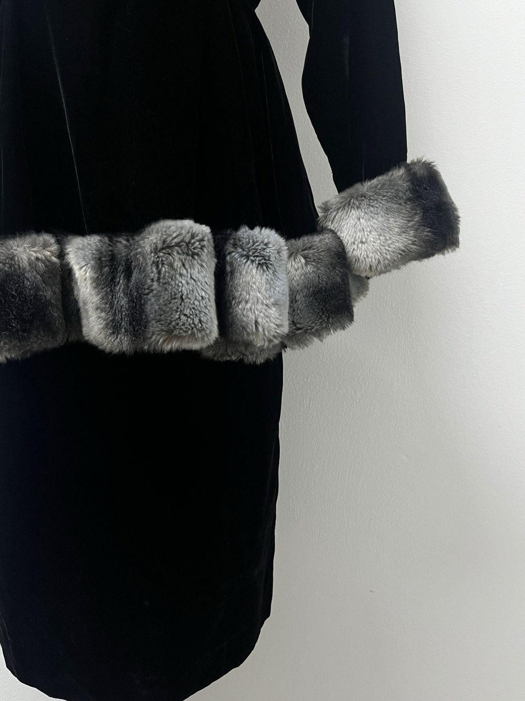 Christian Dior Black Velvet Dress with Fur (1983 Marc Bohan)