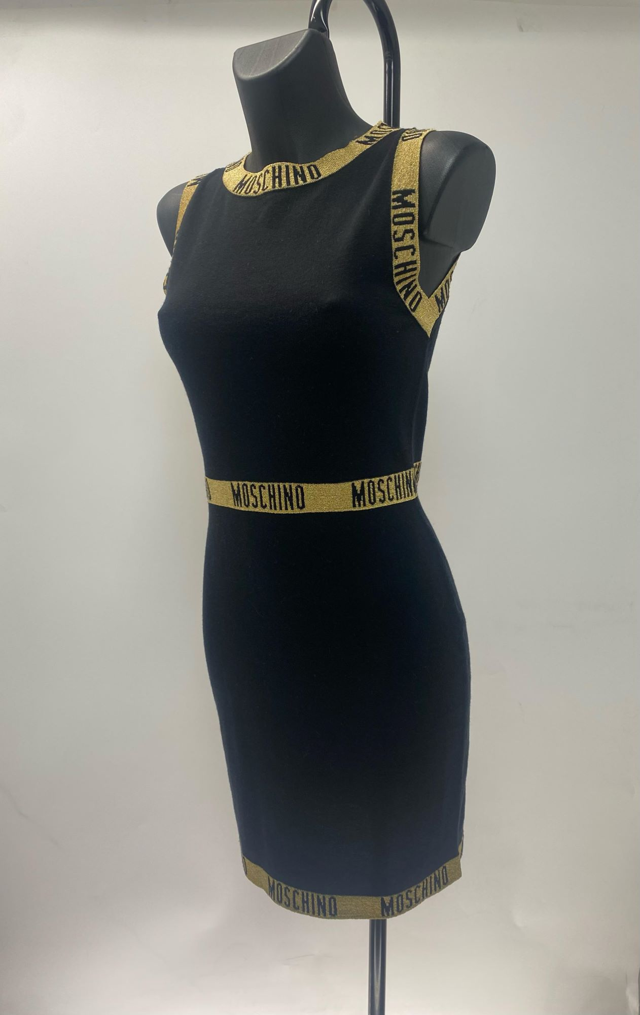 Moschino Black Dress with Logo Golden Stripes