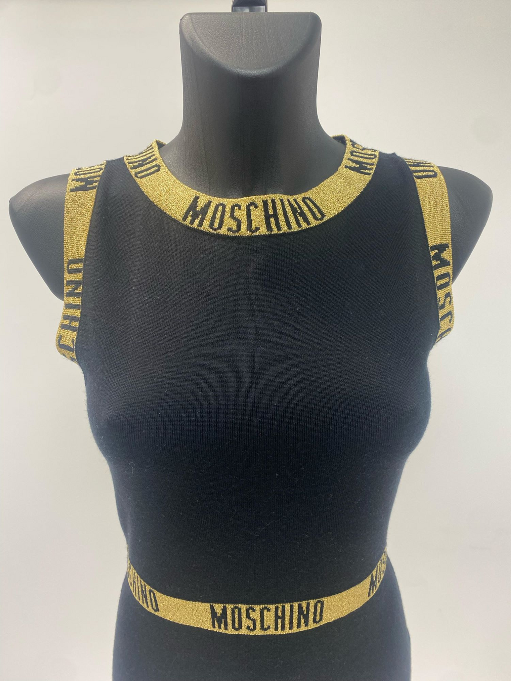 Moschino Black Dress with Logo Golden Stripes