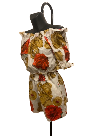 Dolce & Gabbana White Cookie & Floral Print Cotton Off-Shoulder Jumpsuit (S/S18)
