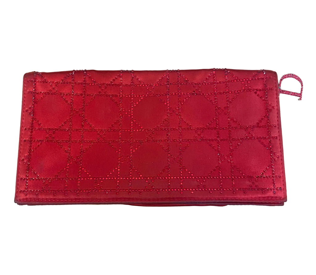 Christian Dior Red Satin Cannage Crystal Embellished Clutch Bag