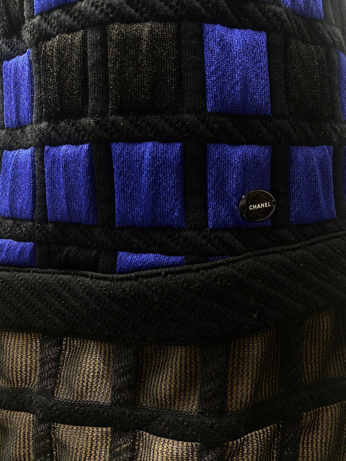 Chanel Spring 2013 Runway Black & Royal Blue Strapless Grid Knit Dress – Size 38