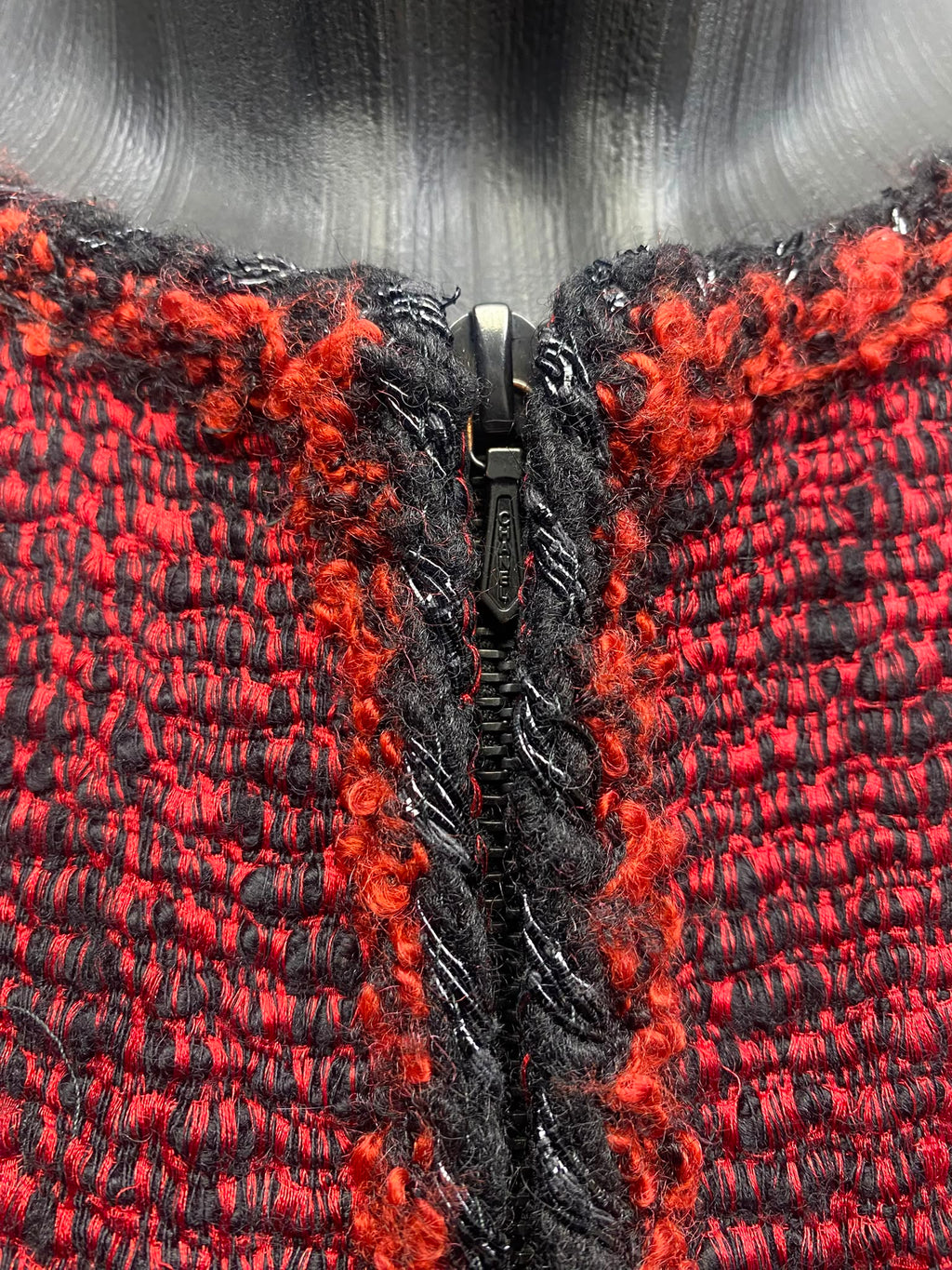 Chanel Red & Black Lesage Tweed Zip Jacket – Size 38