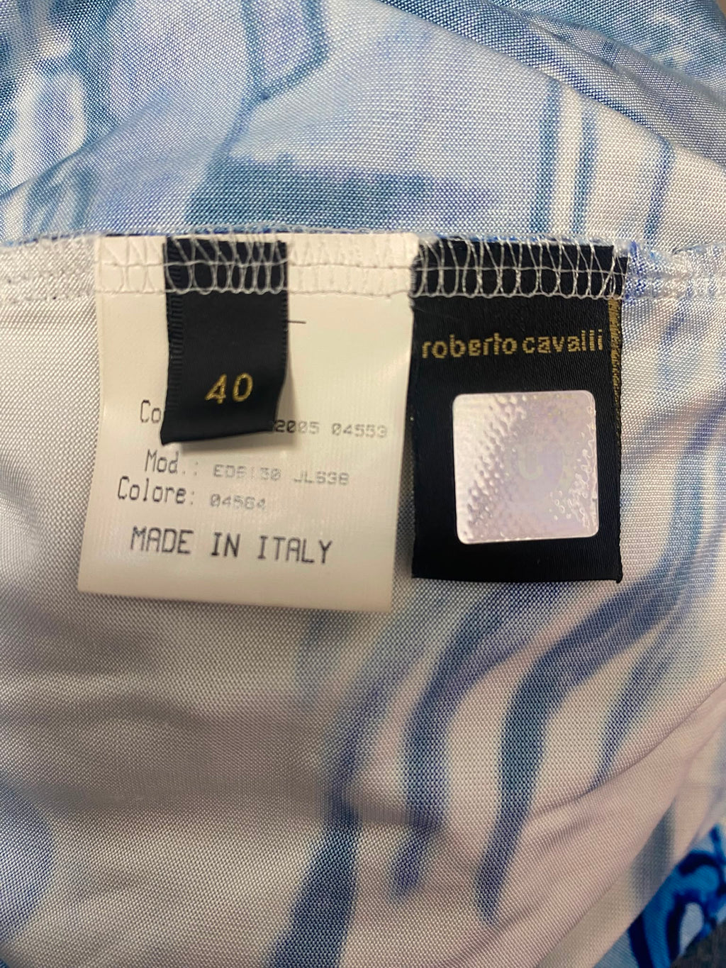 2005 Roberto Cavalli "Ming Vase" Blue Printed Ruched Mini Dress – Made in Italy