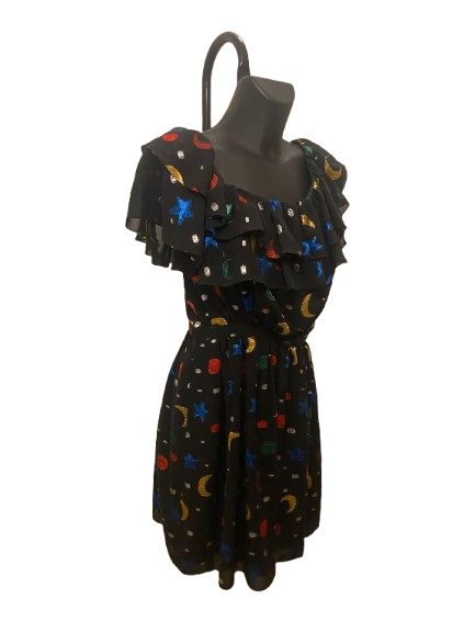 Saint Laurent Black Dress in Silk with Stars and Moon Print (2018)