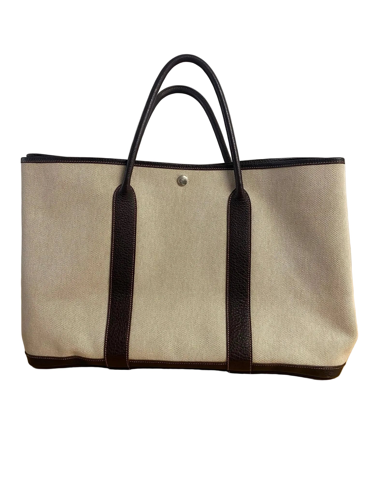 Hermès Garden Party Tote Bag – Beige Canvas & Dark Brown Leather