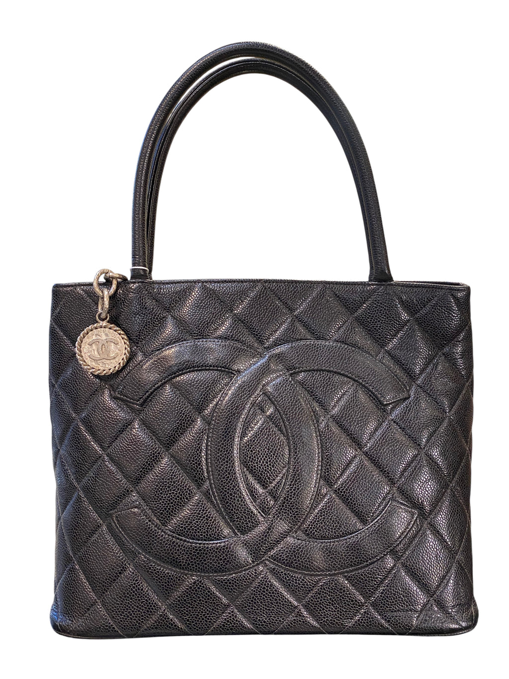 1997 Chanel handbag in black quilted grained leather with double C logo