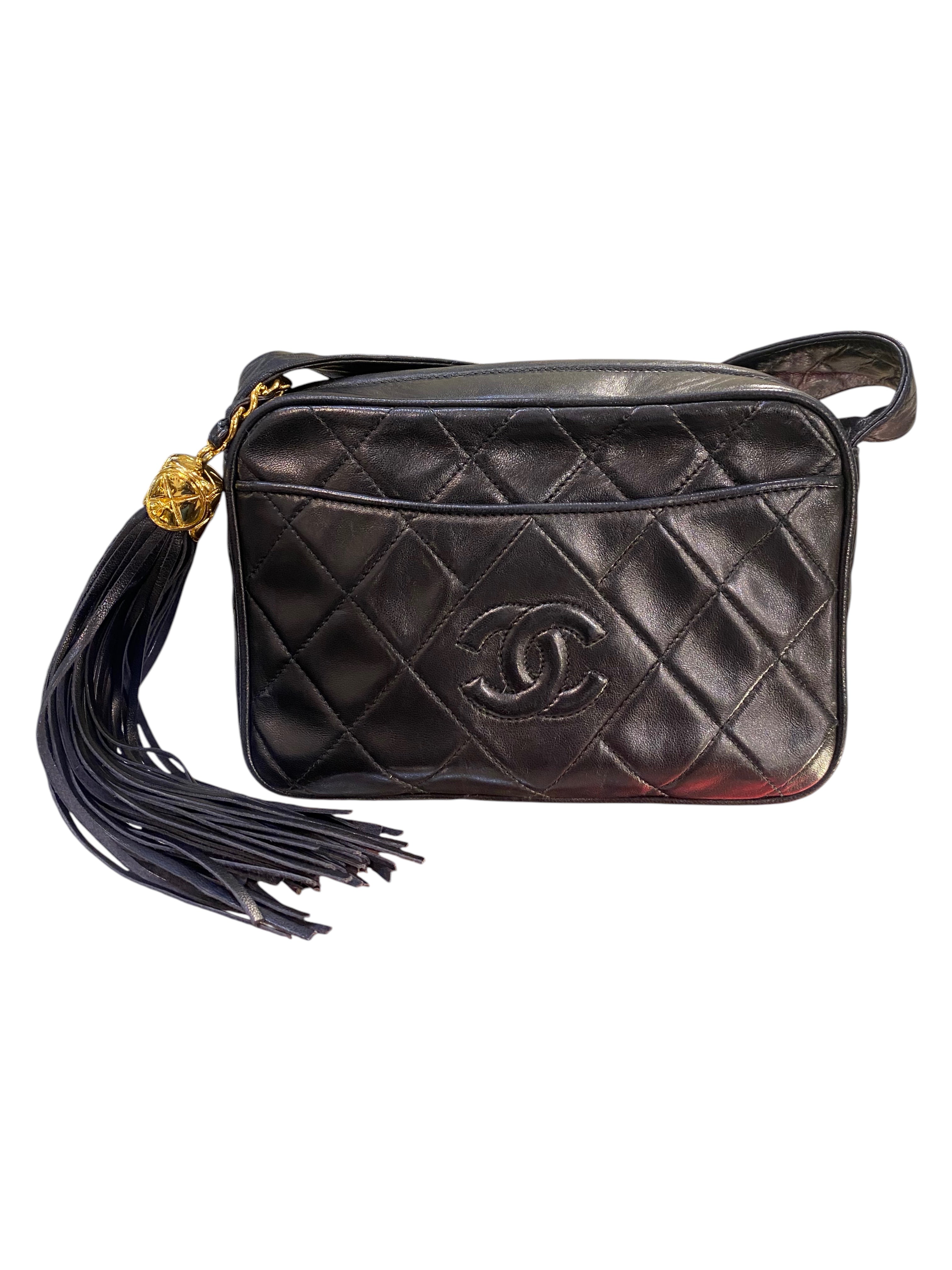 1991 Chanel Handbag Black Quilted Lambskin Leather