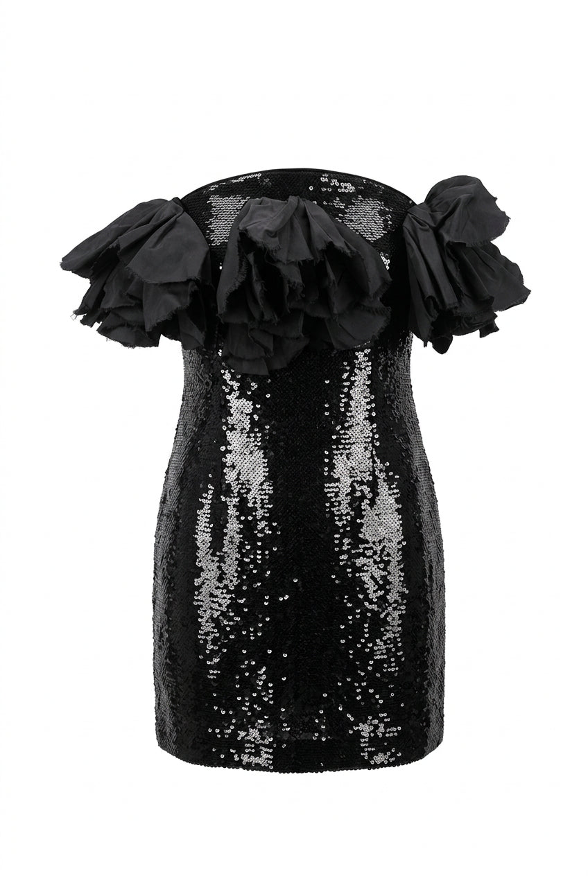 Saint Laurent Black Sequined Strapless Mini Dress with Voluminous Ruffles